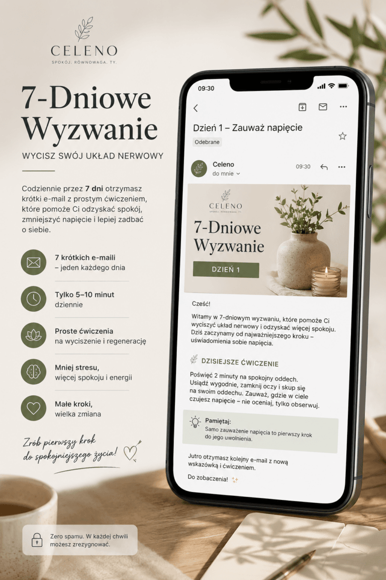 Grafika promująca bezpłatne 7-dniowe wyzwanie Celeno z codziennymi e-mailami pomagającymi wyciszyć układ nerwowy, zmniejszyć stres i odzyskać wewnętrzny spokój.